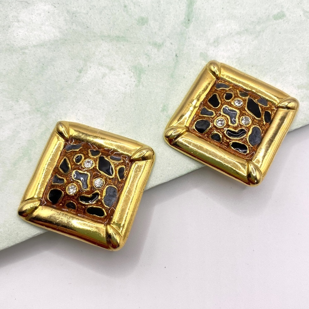Chunky Gold Square Clip-On Earrings Black Orange Rhinestones Vintage